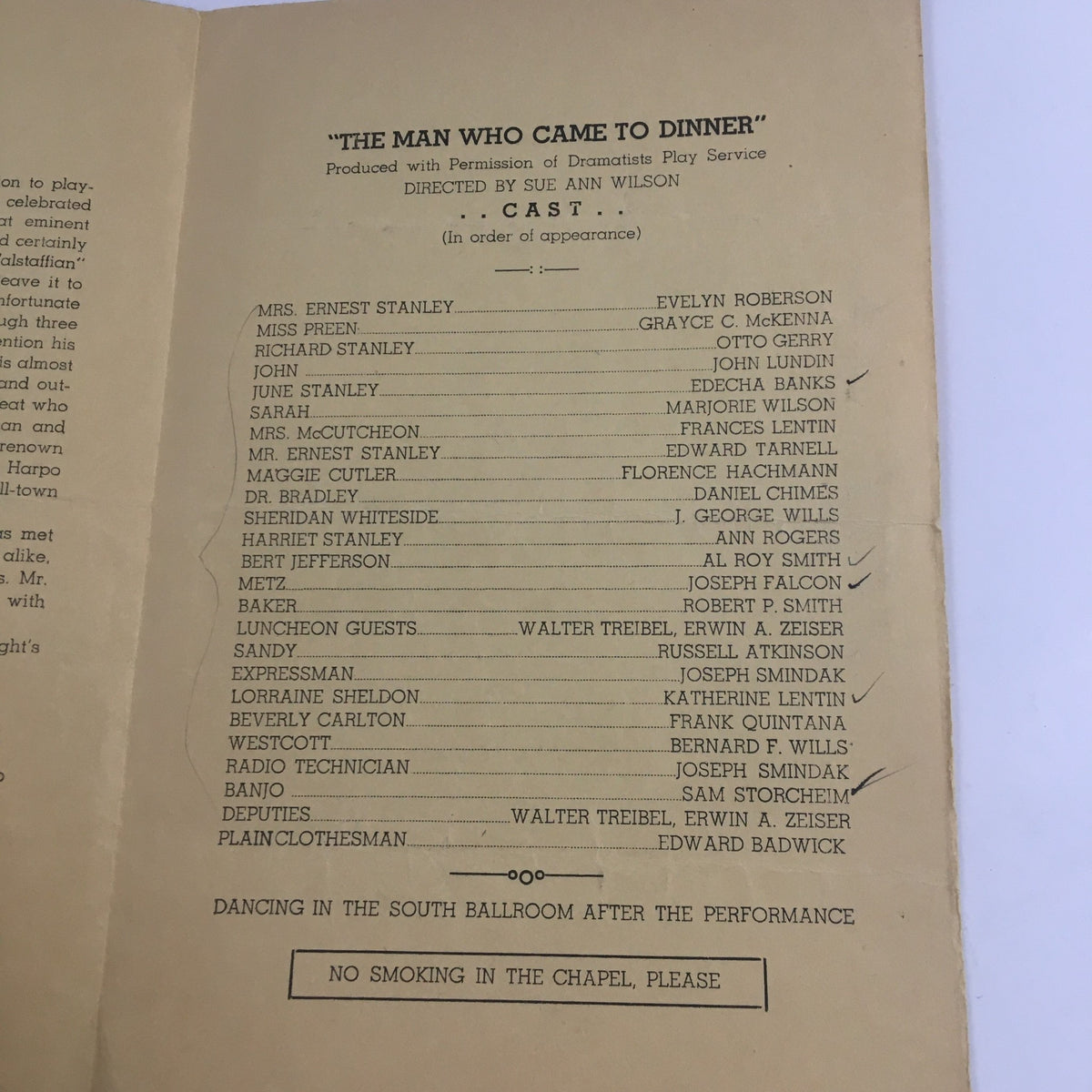 Cast list for The Man Who Came to Dinner, produced in 1942 by The Play Workshop and The Alumni, featuring notable actors and characters.