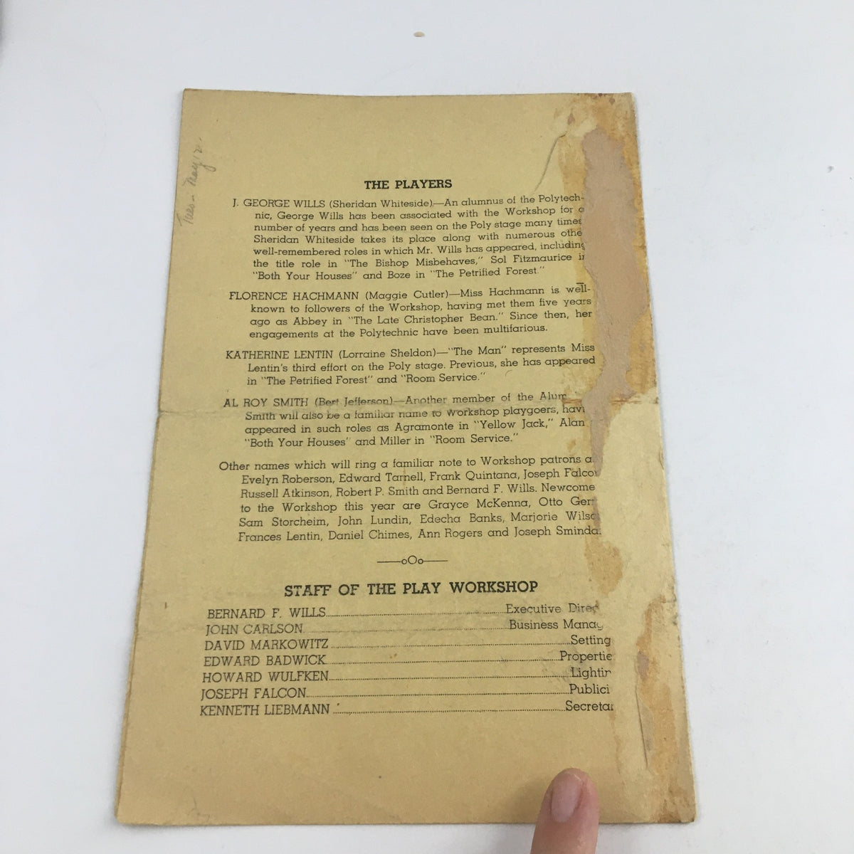 Back cover of The Man Who Came to Dinner, highlighting the cast and production team from the 1942 performance by The Play Workshop and The Alumni.