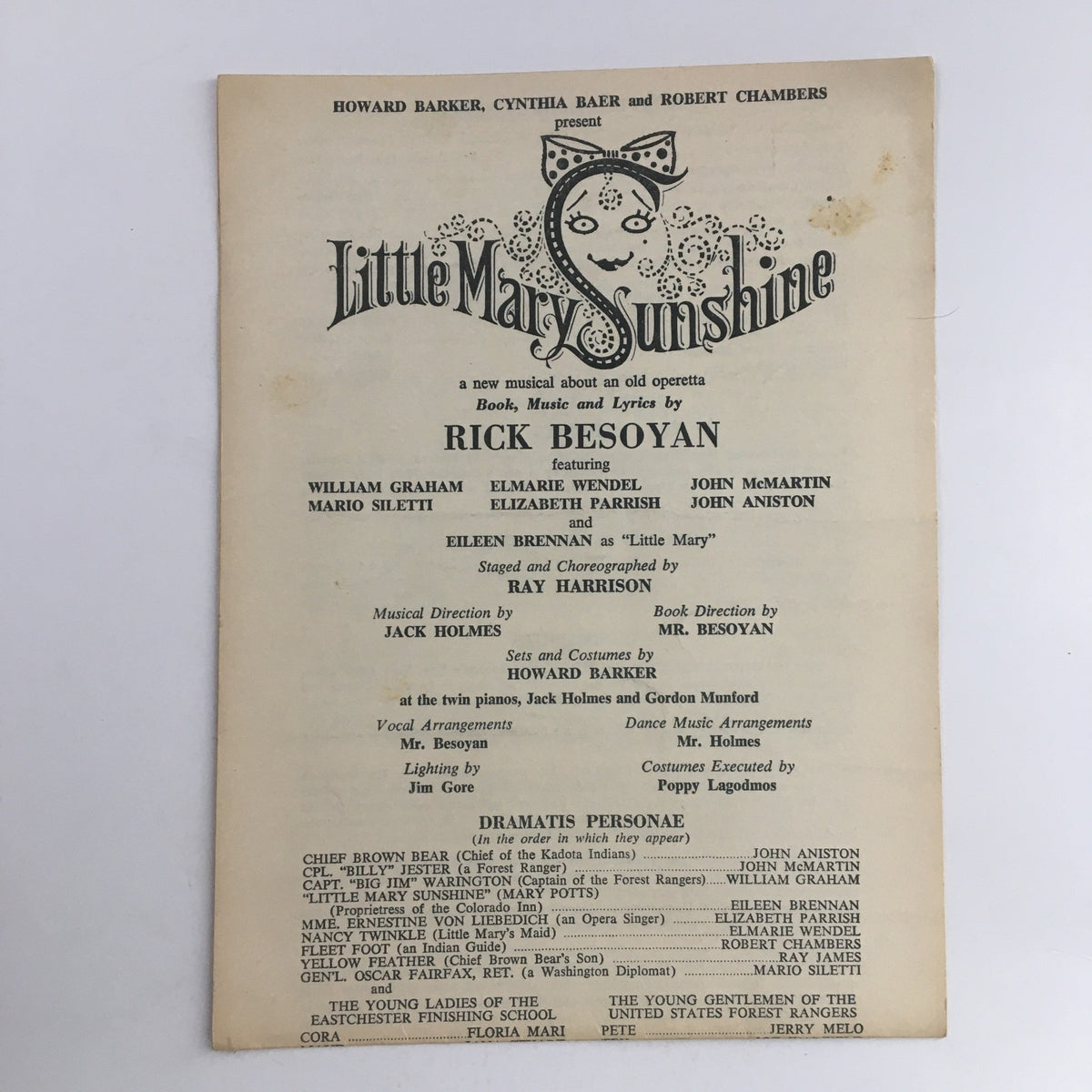 Cover page of the 1960 edition of 'Little Mary Sunshine,' a new musical by Rick Besoyan, showcasing details of the cast and creative team.
