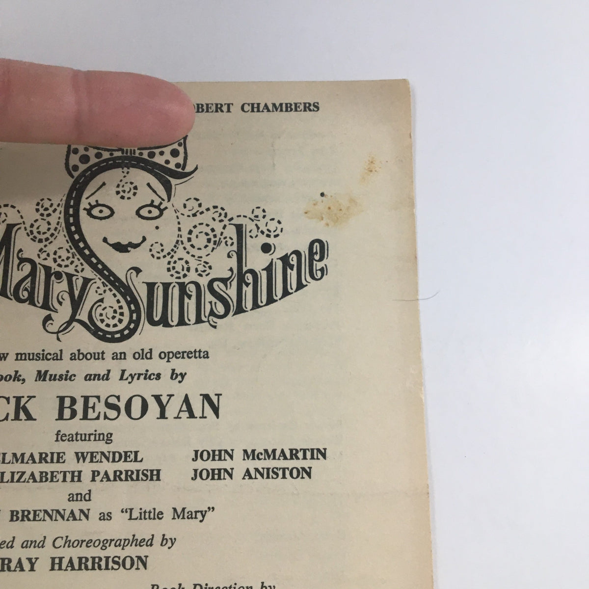 Cover page of the 1960 edition of Little Mary Sunshine musical by Rick Besoyan, featuring whimsical design and minor wear, ideal for collectors.