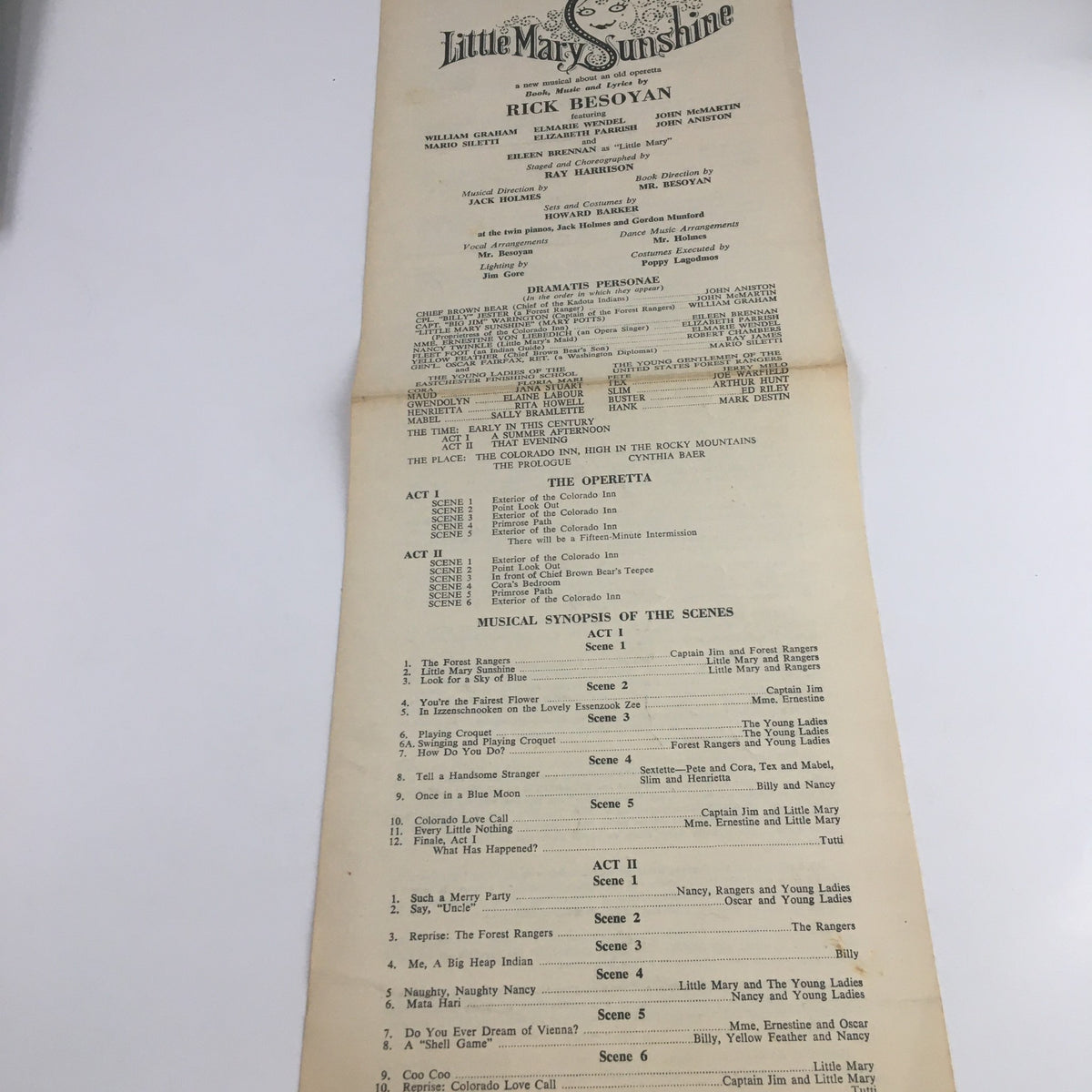 Interior listing of the cast and scenes from the 1960 edition of Little Mary Sunshine musical by Rick Besoyan, showing detailed program information.