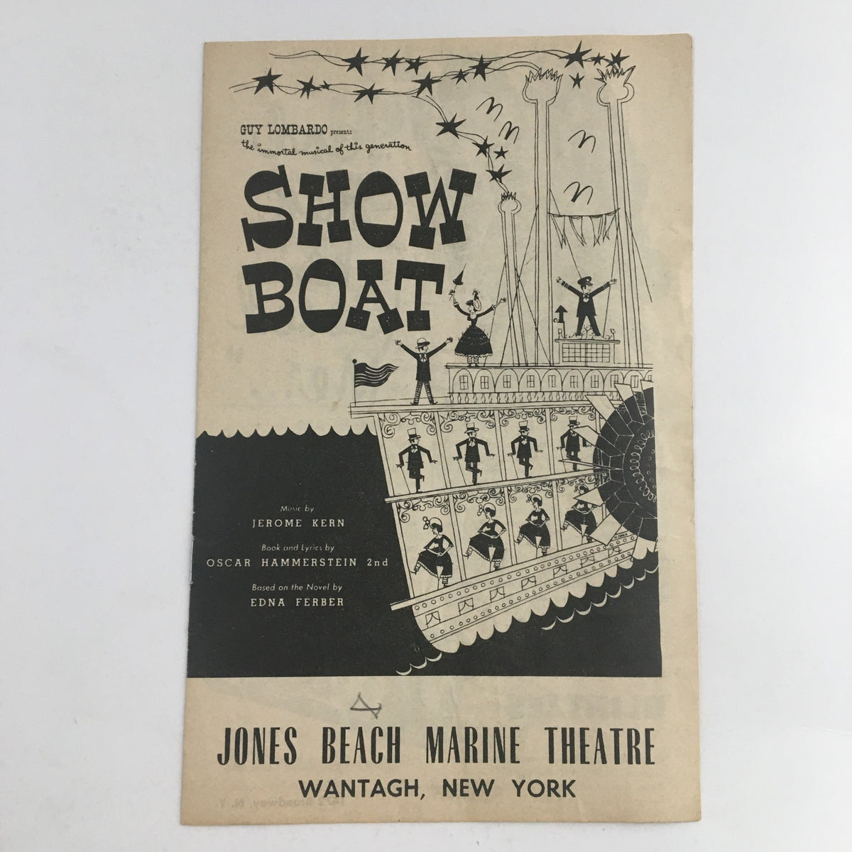 Cover of the 1938 Guy Lombardo Presents Show Boat by Oscar Hammerstein, featuring a theatrical scene with performers and a riverboat.