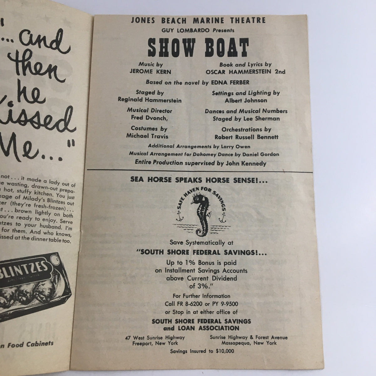 Interior page from the 1938 Guy Lombardo Presents Show Boat by Oscar Hammerstein, displaying credits, cast, and production details.