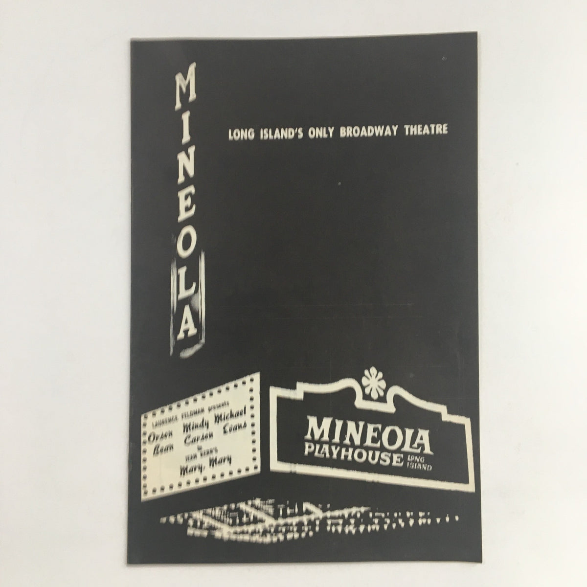 1963 Mineola Playhouse program cover for 'Mary, Mary' by Jean Kerr featuring Orson Bean, showcasing Long Island's only Broadway theatre.