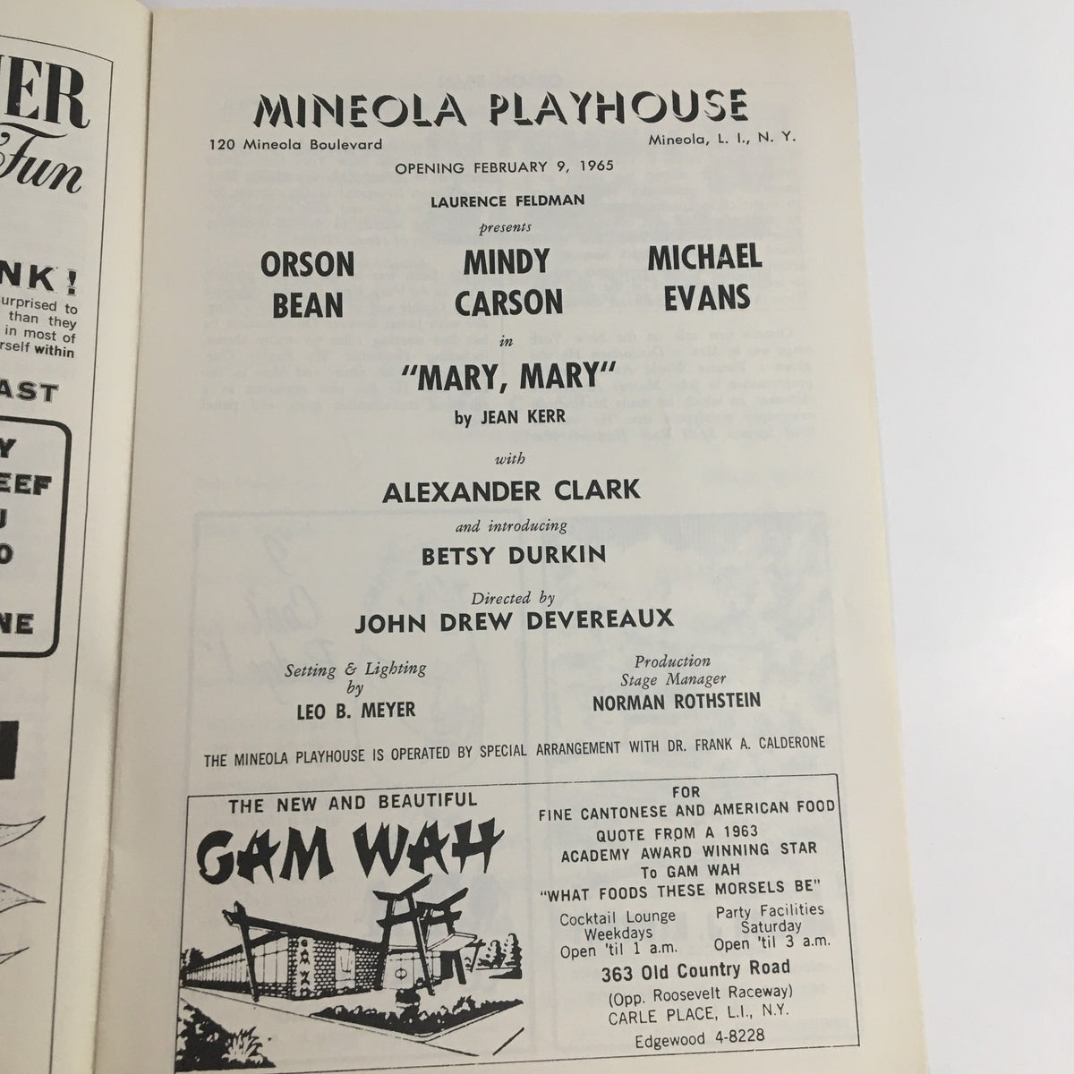 1963 Mineola Playhouse opening program page for 'Mary, Mary' starring Orson Bean and Mindy Carson, directed by Betsy Durkin.