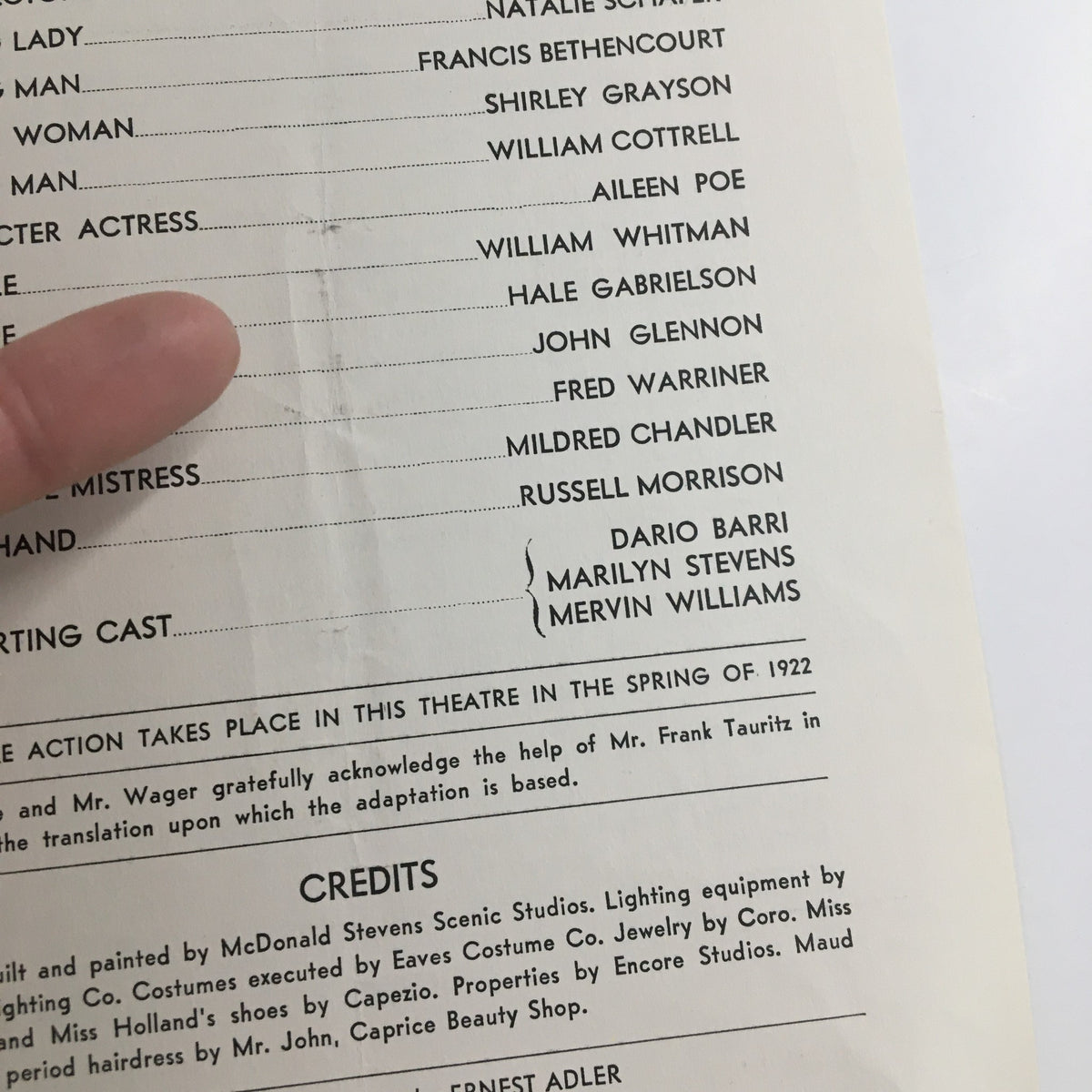 Another page from the 1955 Season Phoenix Theatre program for 'Six Characters in Search of an Author', listing the remaining cast members and credits related to the production.