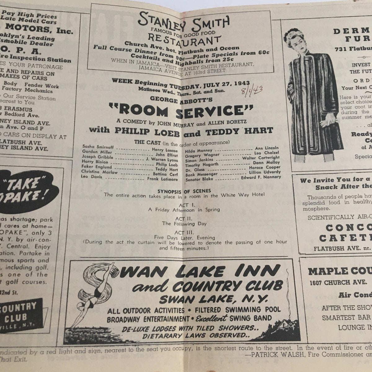 1943 Flatbush Theatre Program for George Abbott's Room Service featuring cast details and advertisements for local businesses.