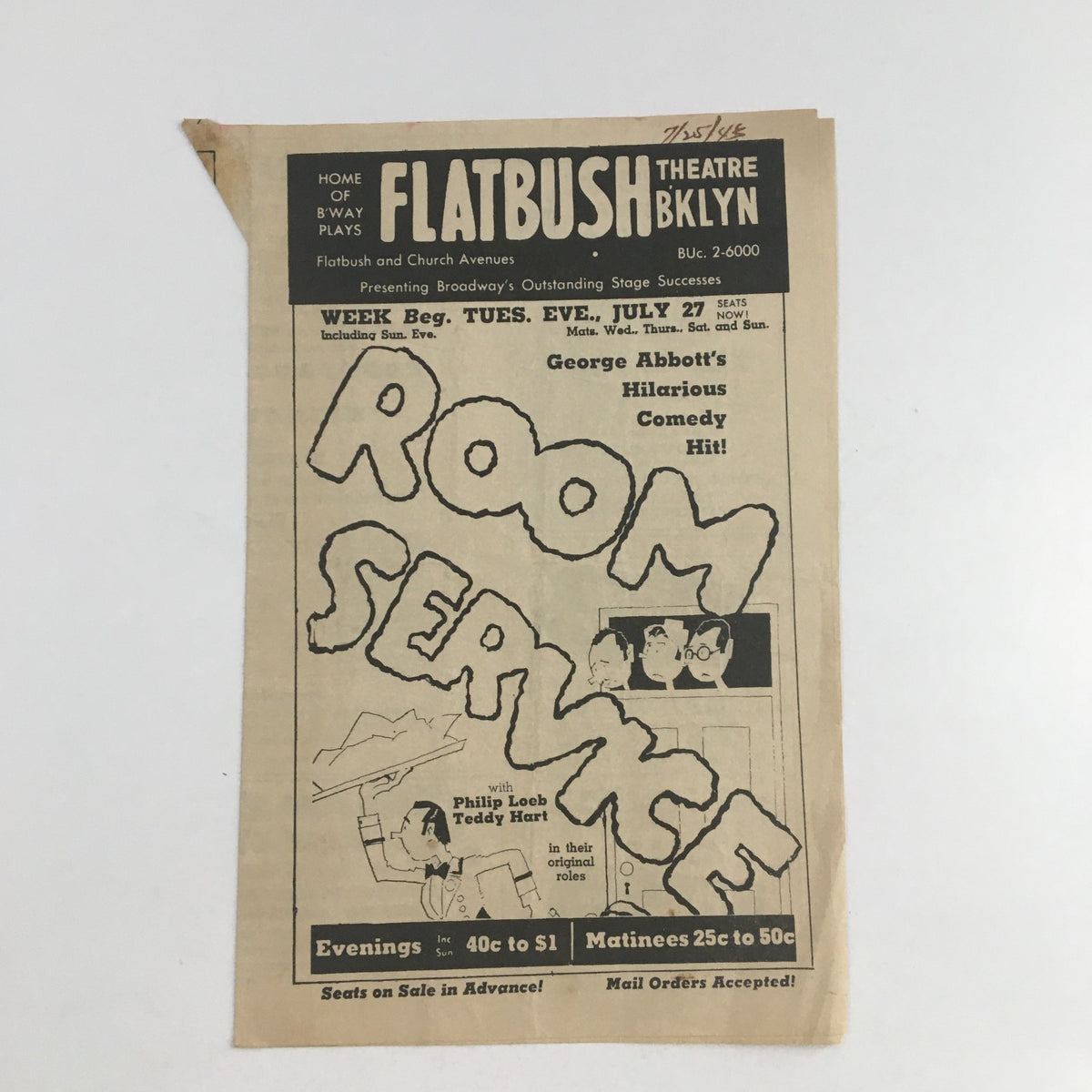 1943 Flatbush Theatre Bklyn presentation of George Abbott's Room Service featuring Teddy Hart, showcasing the vintage playbill with bold text and details of the show's performances.
