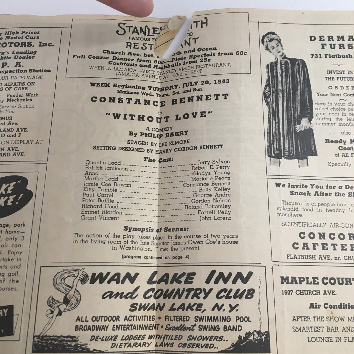 Vintage advertisement from the 1943 Flatbush Theatre presentation of George Abbott's 'Room Service' featuring Constance Bennett and details about the show.