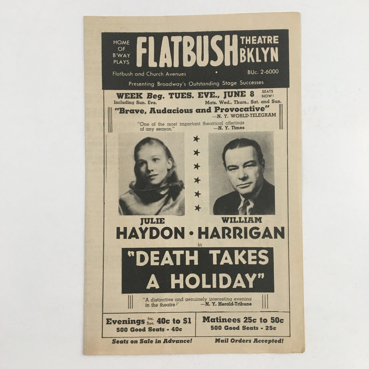 1943 Flatbush Theatre program for the play 'Death Takes a Holiday' featuring Julie Haydon and William Harrigan, showcasing vintage theatre history.