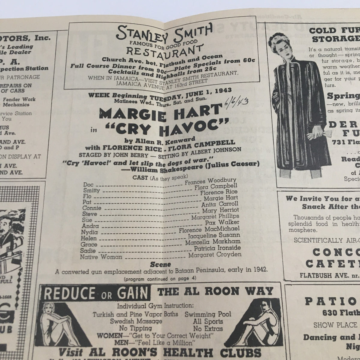 1943 program for 'Cry Havoc' by Allan Kenward, featuring Margie Hart, highlighting the cast and production details from the Flatbush Theatre in Brooklyn.
