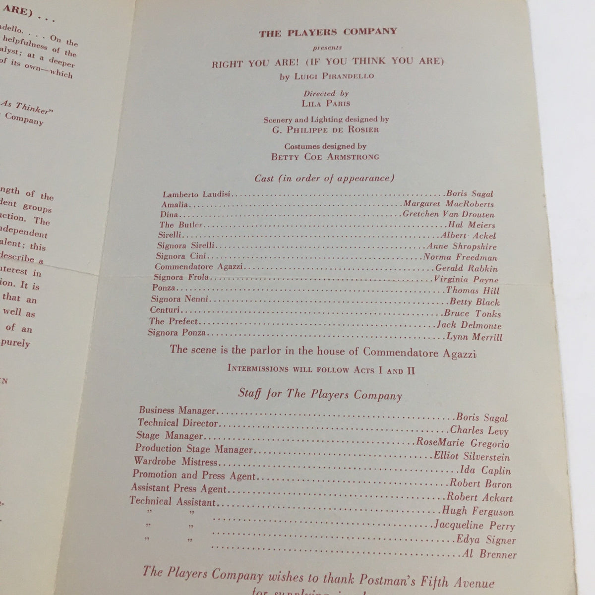Program details for 'Right You Are If You Think You Are' by Luigi Pirandello, including the cast and crew information from the 1966 production by The Players Company.
