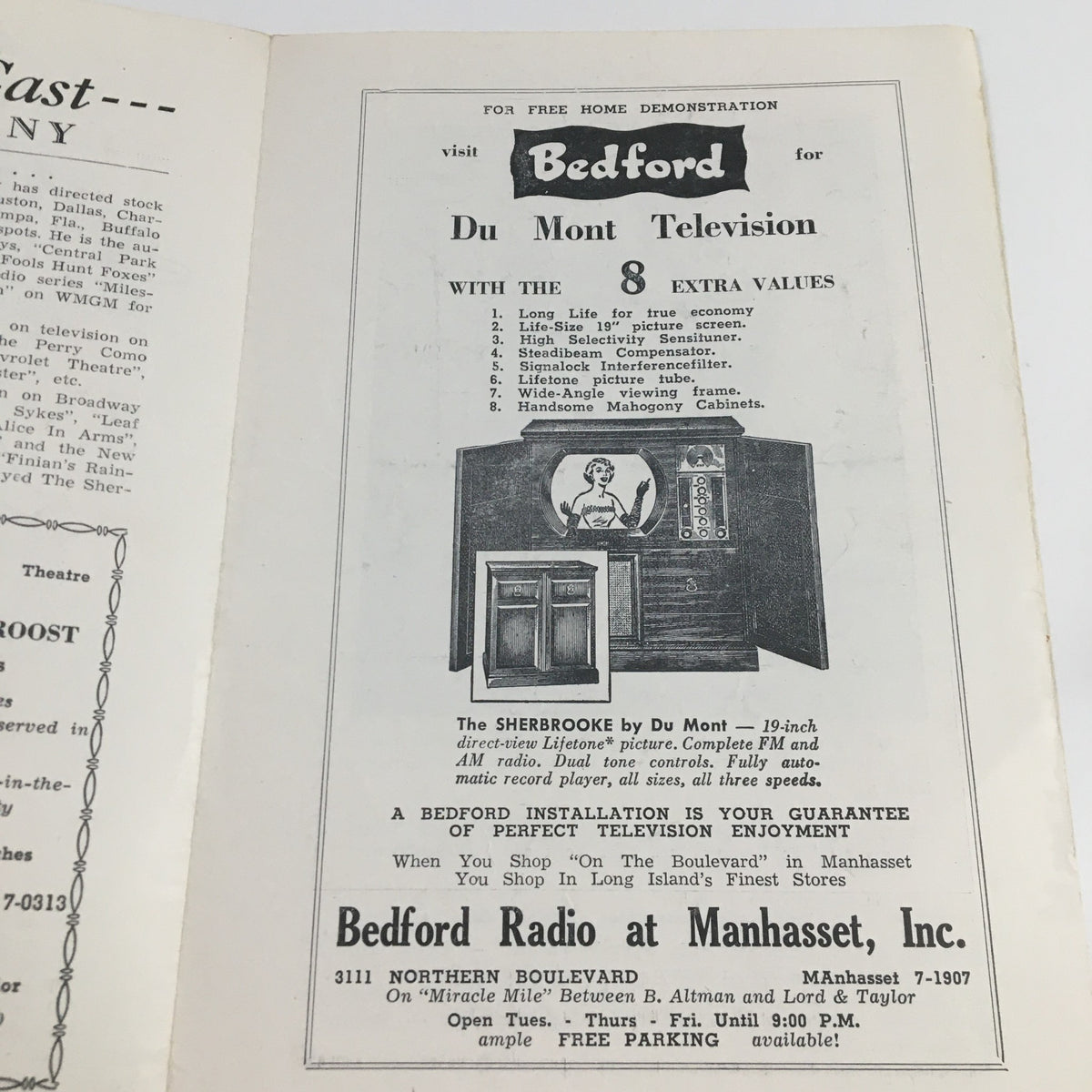 Interior advertisement from the 1950 Seacliff Summer Theatre program for Bedford Du Mont Television, highlighting features and guarantees.