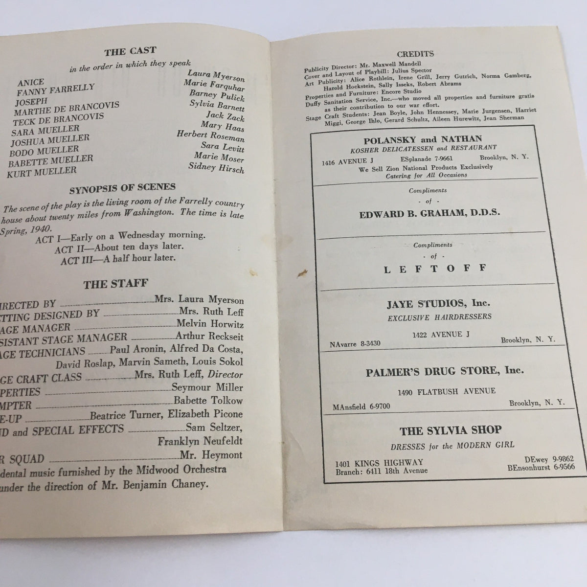 Inside page of the 1942 Midwood Playhouse program for 'Watch on the Rhine', showcasing the cast and credits for the play.