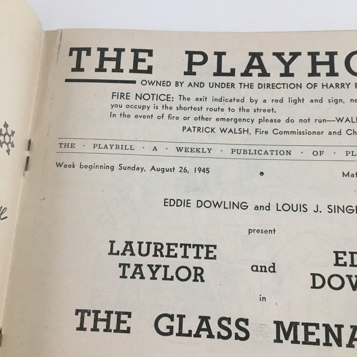 Opening page of The Playhouse program dated August 2, 1945, presenting Laurette Taylor and Eddie Dowling in The Glass Menagerie.