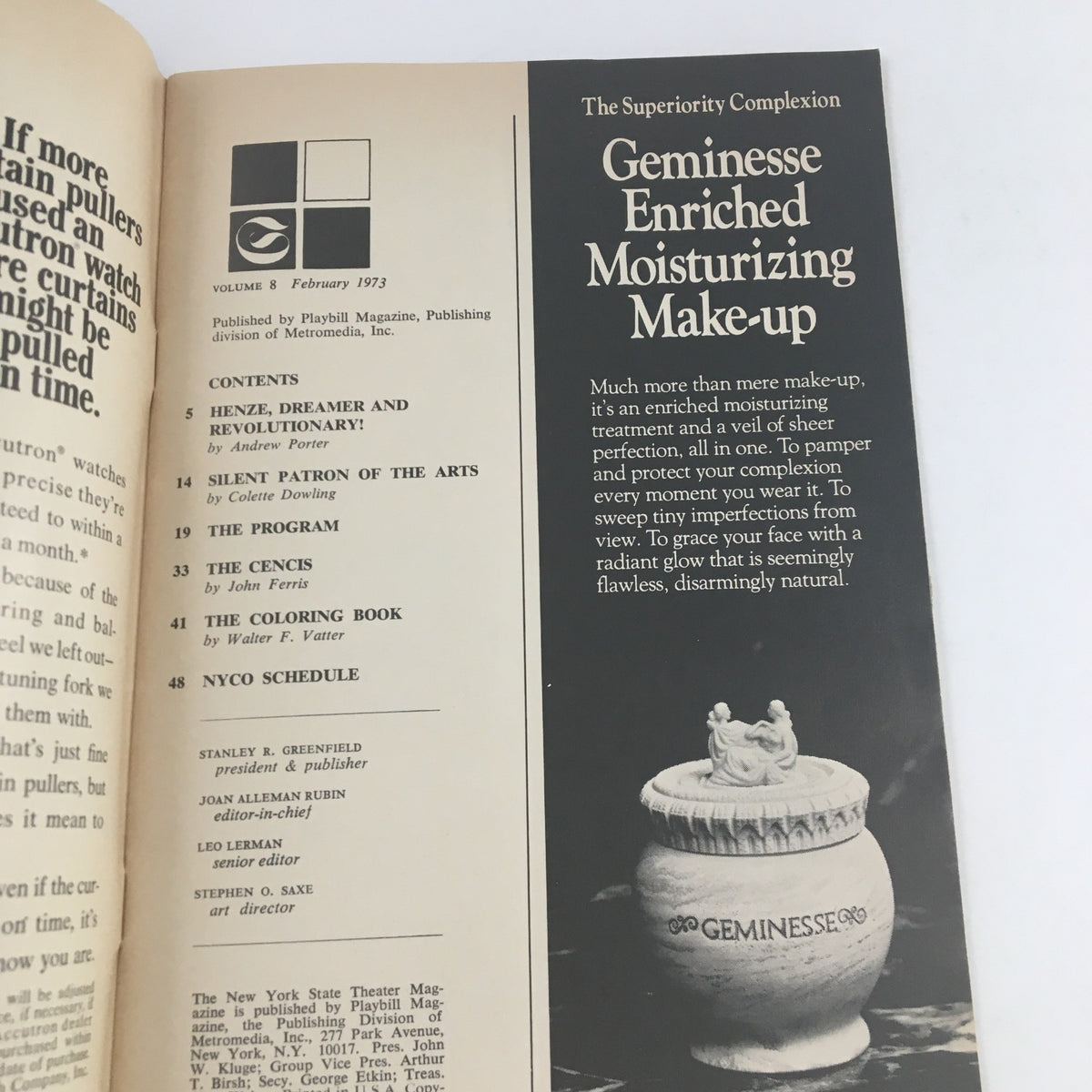 Interior page from the February 1973 issue of a magazine, discussing 'Silent Patron of the Arts' at the New York State Theater Lincoln Center, featuring an advertisement for Geminess Enriched Moisturizing Make-up.