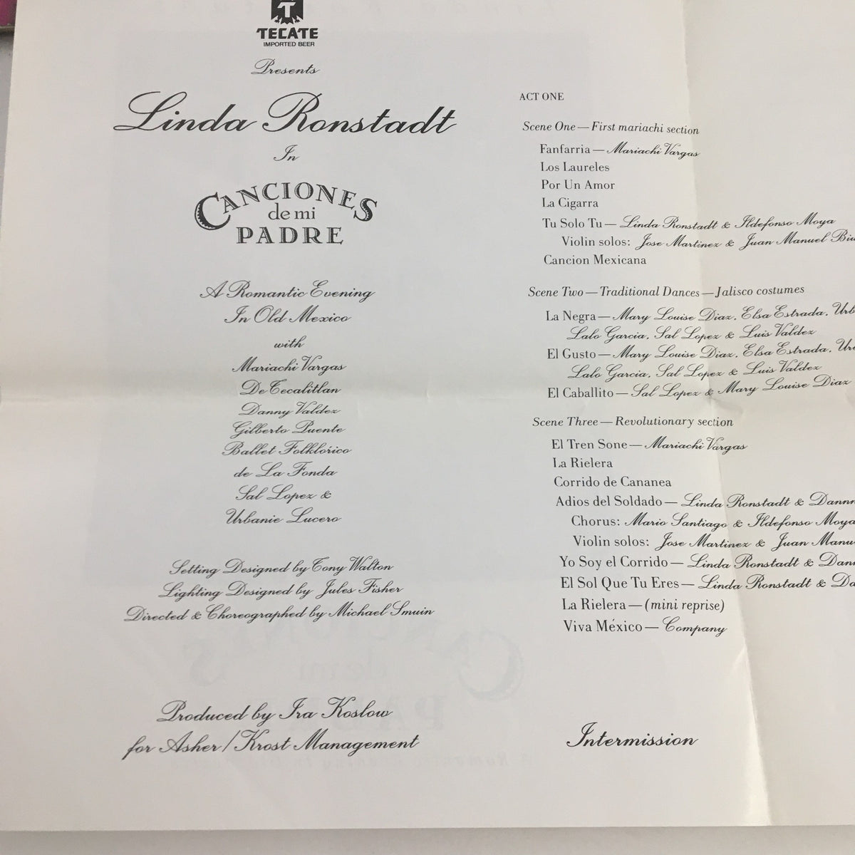 Inside page of the 1987 Linda Ronstadt Present Canciones de mi Padre magazine, featuring the program outline for the performance 'A Romantic Evening in Old Mexico'.