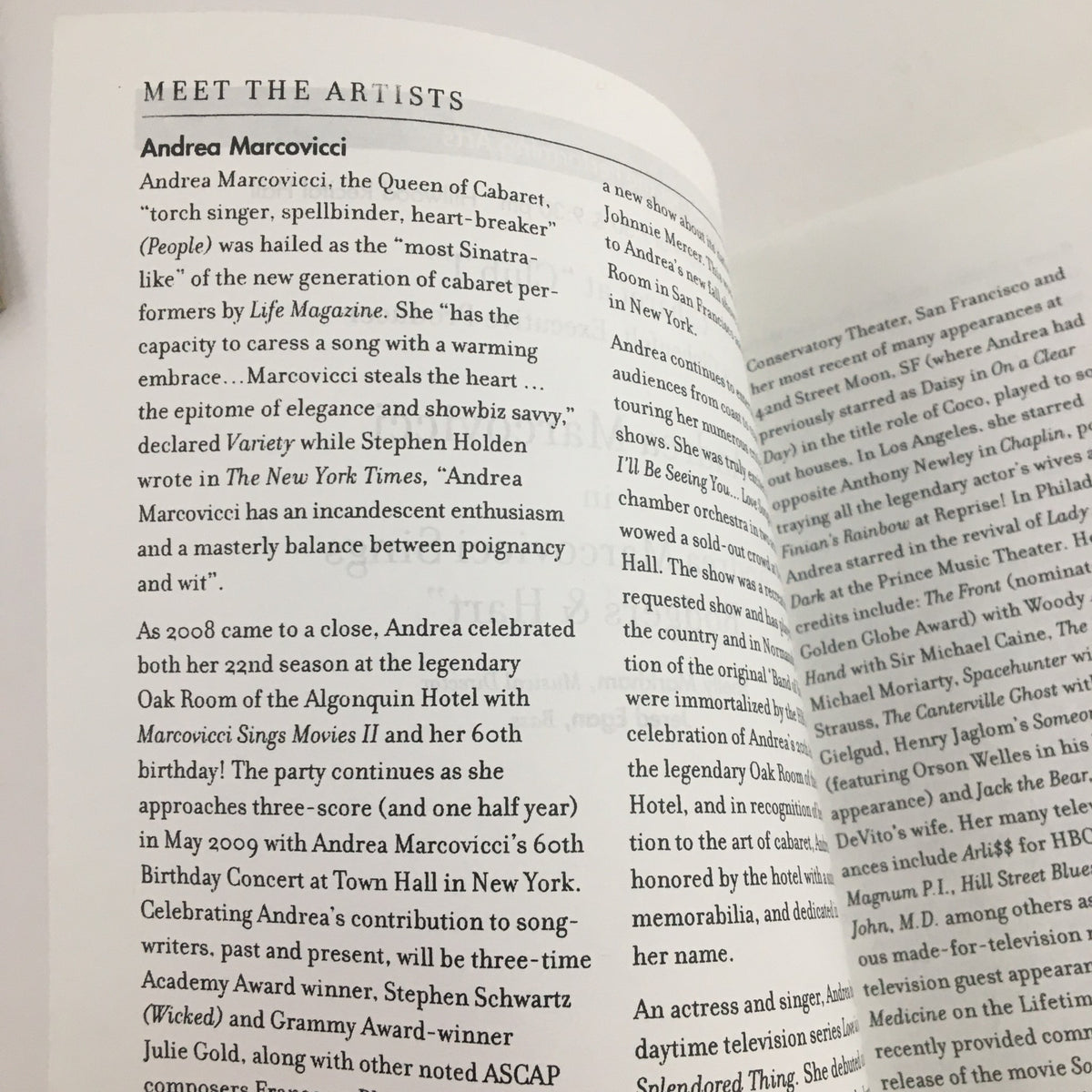 Page from the 2009 Tiles Center for the Performing Arts program highlighting Andrea Marcovicci, her accolades, and her contributions in cabaret.