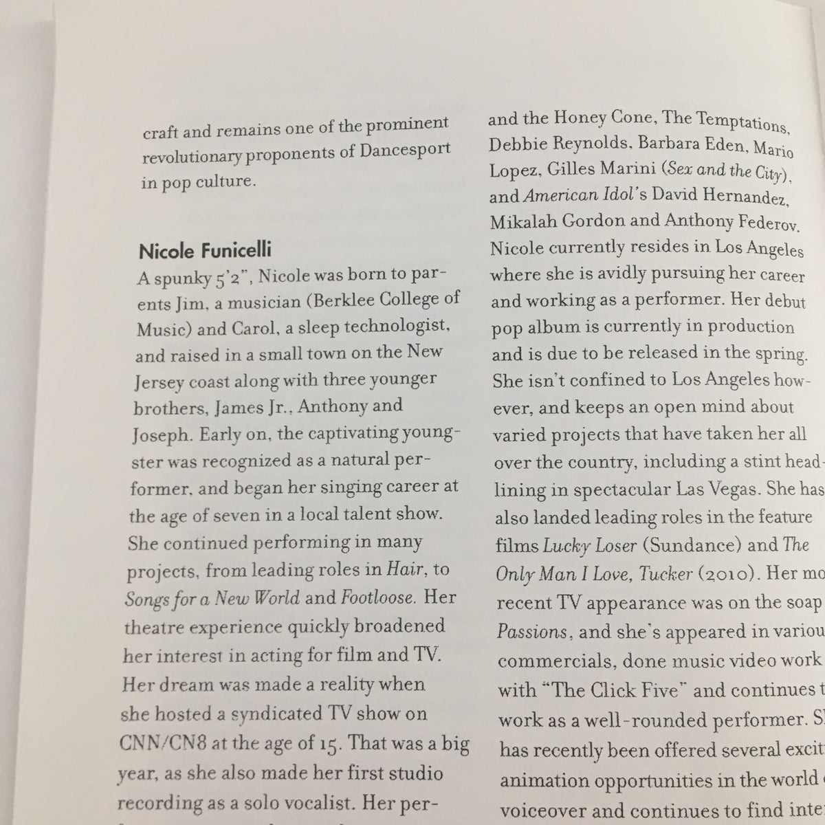 Page from the 2009 Tiles Center for the Performing Arts program detailing the biography of Nicole Funicelli, performer in 'Ballroom with a Twist' directed by Louis van Amstel.