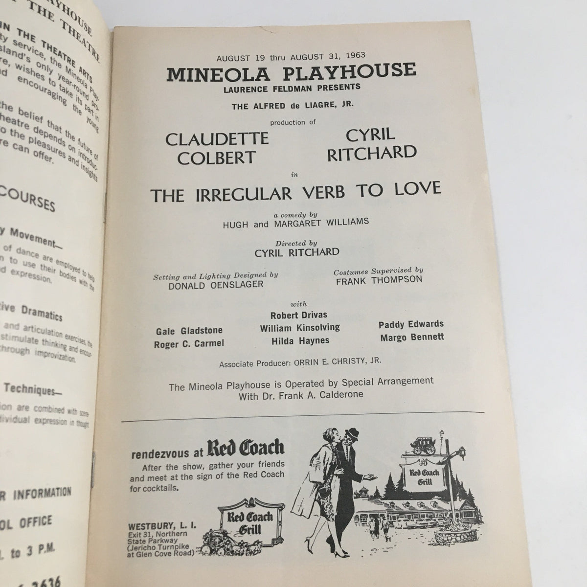 Inside view of the 1963 Stagebill for 'The Irregular Verb To Love' at Mineola Playhouse, featuring production details and cast information.