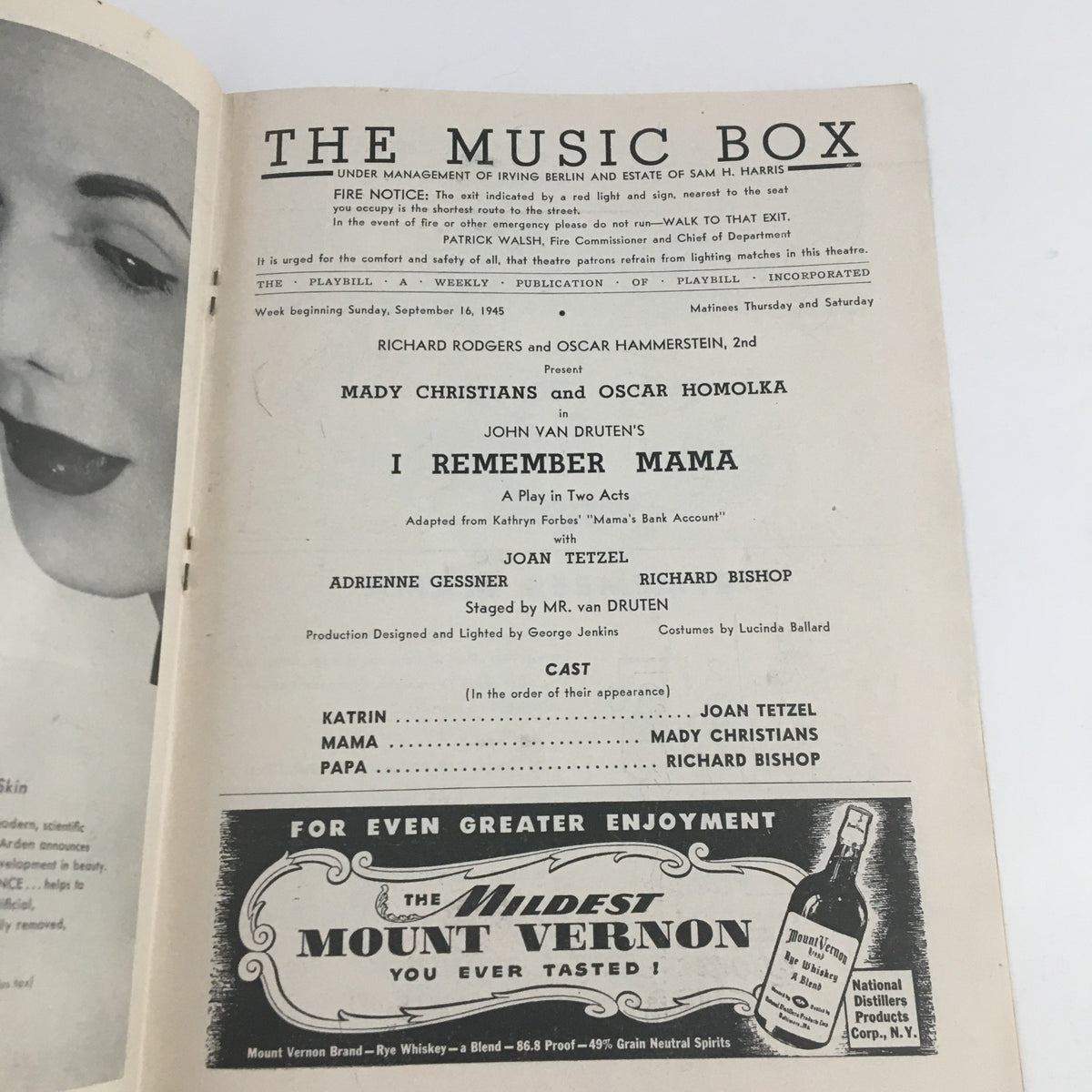Inside page of the 1945 Playbill for I Remember Mama at The Music Box, displaying cast information and production details.