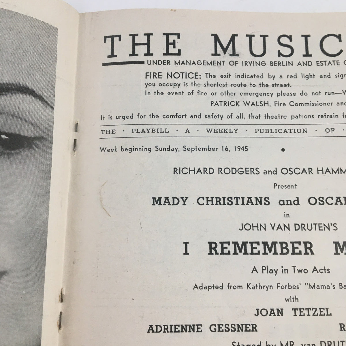 1945 Playbill for John Van Druten's I Remember Mama, presented at The Music Box Theatre, featuring a fire safety notice and details about the cast and production.