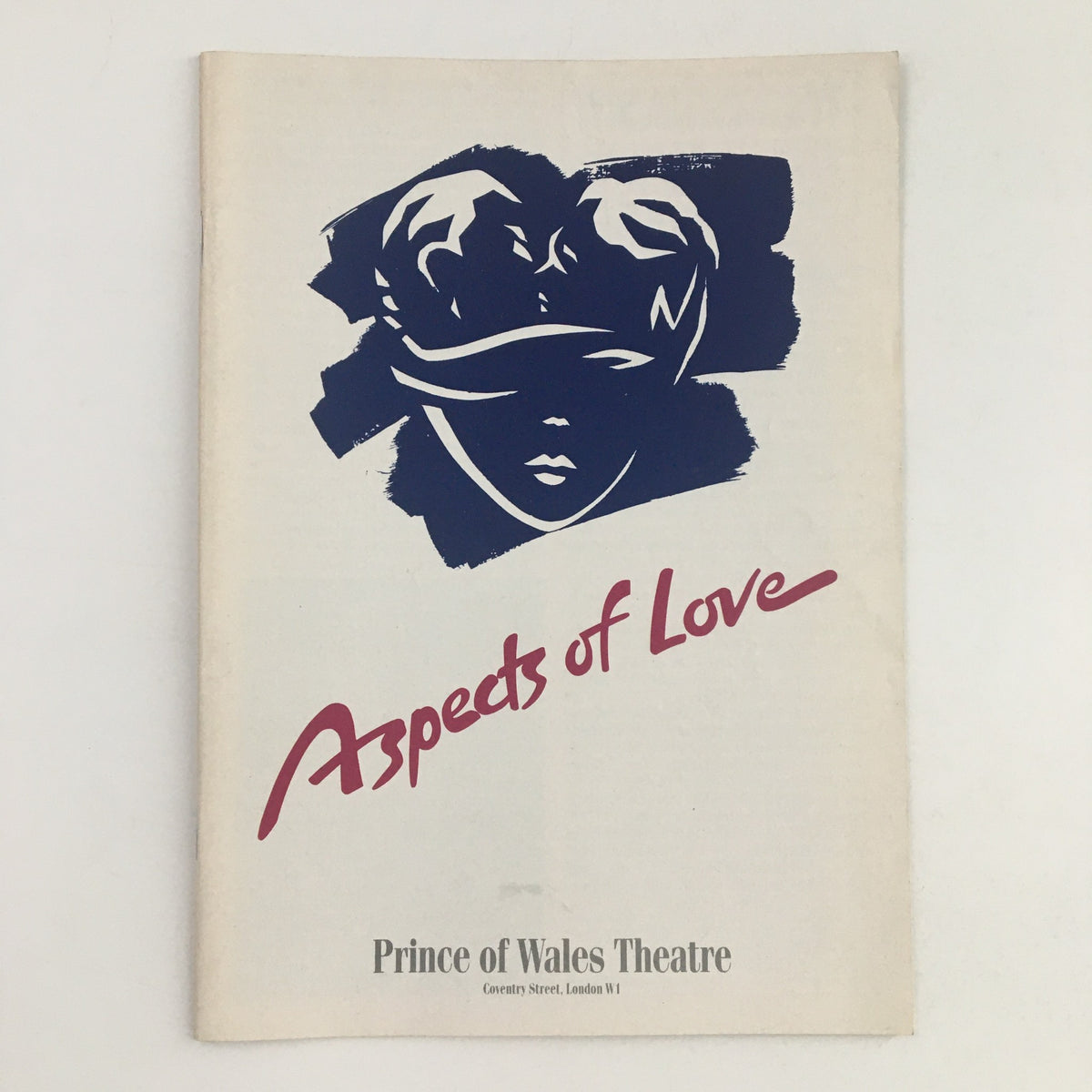 1986 Prince of Wales Theatre program for Aspects of Love by Trevor Nunn featuring cover art with a silhouette and the title prominently displayed.