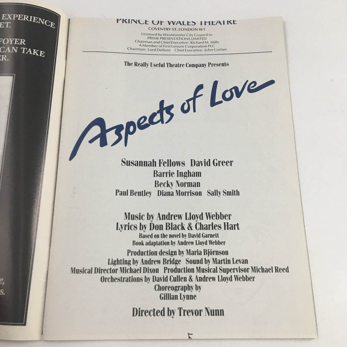Cover page of the 1986 Prince of Wales Theatre program presenting 'Aspects of Love' directed by Trevor Nunn, featuring cast information and production details.
