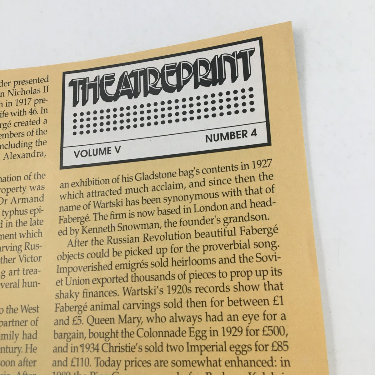 Detail from a publication titled 'Theatreprint Volume V Number 4', featuring historical insights related to theatre and art.