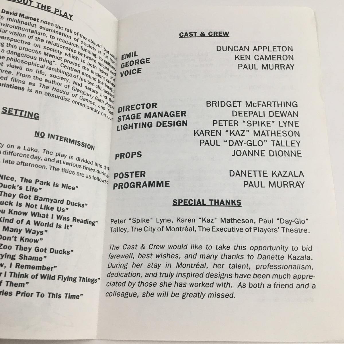 Inside page of 'The Duck Variations' by David Mamet, showcasing the cast and crew details along with production information.
