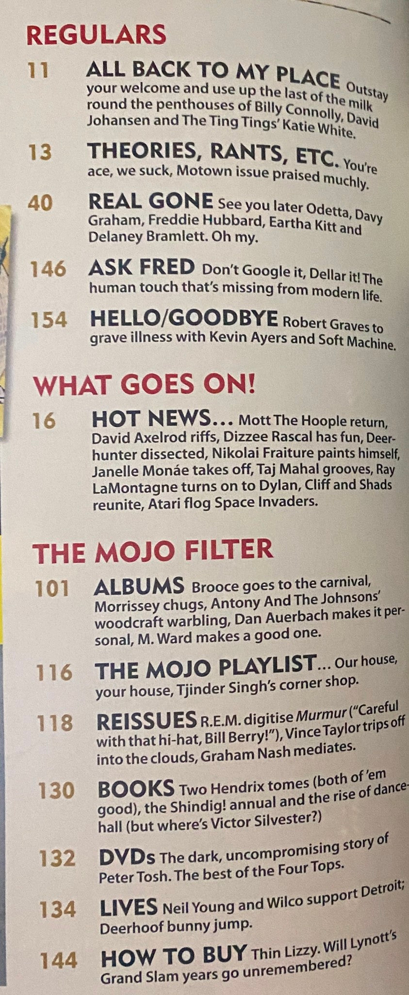 Table of contents from Mojo Music Magazine March 2009 featuring sections on regular features, hot news, and in-depth album reviews, centered around Nick Cave's cover.
