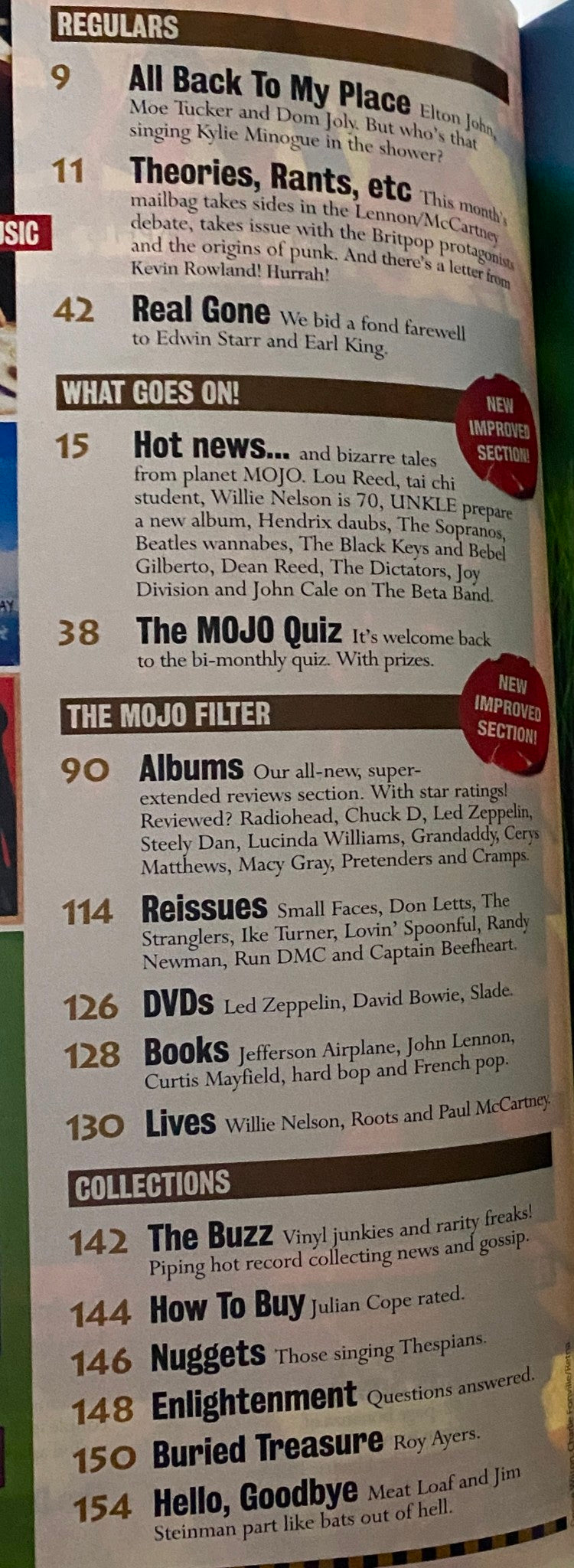 Mojo Music Magazine June 2003 contents page listing highlights such as 'All Back To My Place', 'Theories, Rants, etc.' and 'Real Gone', featured on the Led Zeppelin cover.