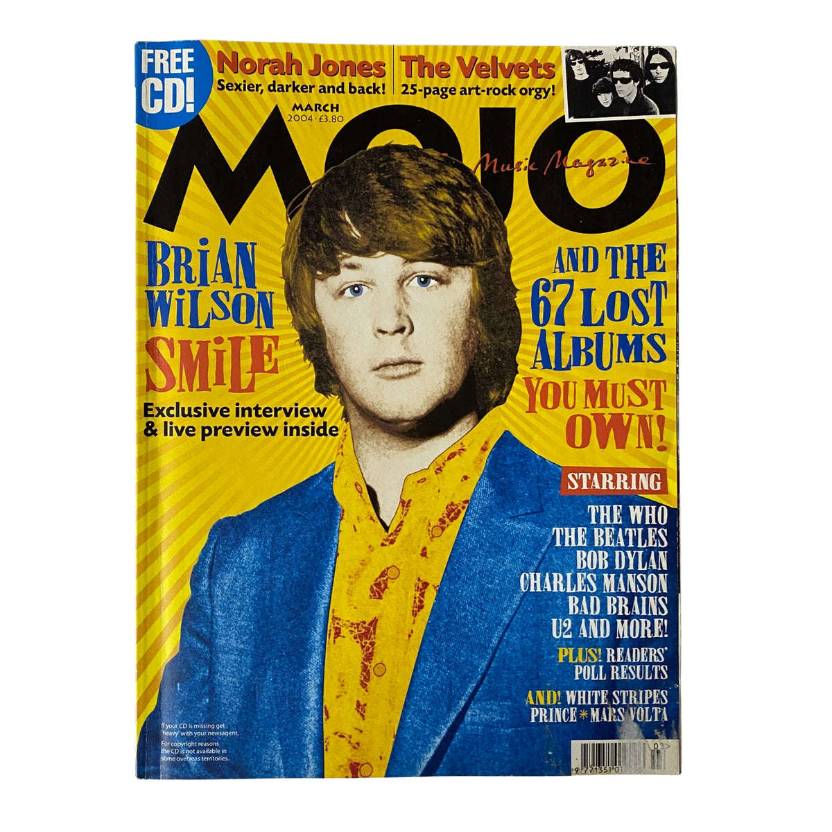 Mojo Music Magazine March 2004 featuring Brian Wilson on the cover, illustrating the theme of the issue with a vibrant design highlighting 'Smile' and 'The 67 Lost Albums You Must Own'.