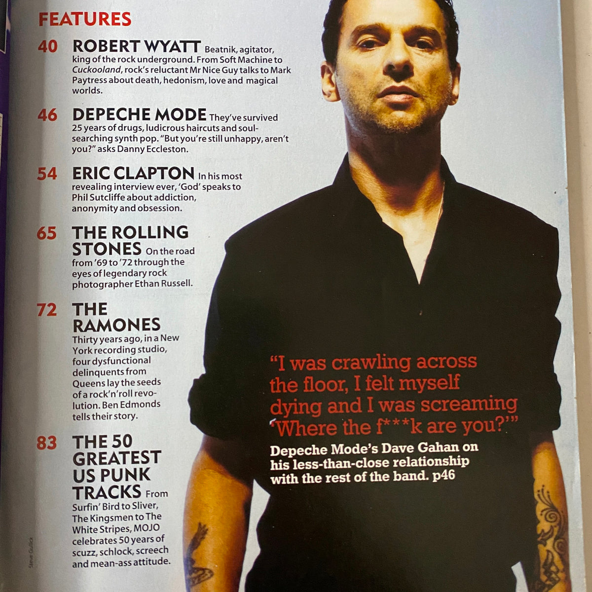 Inside spread of Mojo Music Magazine November 2005 showing features on Robert Wyatt, Eric Clapton, and The Ramones, including quotes and page references.