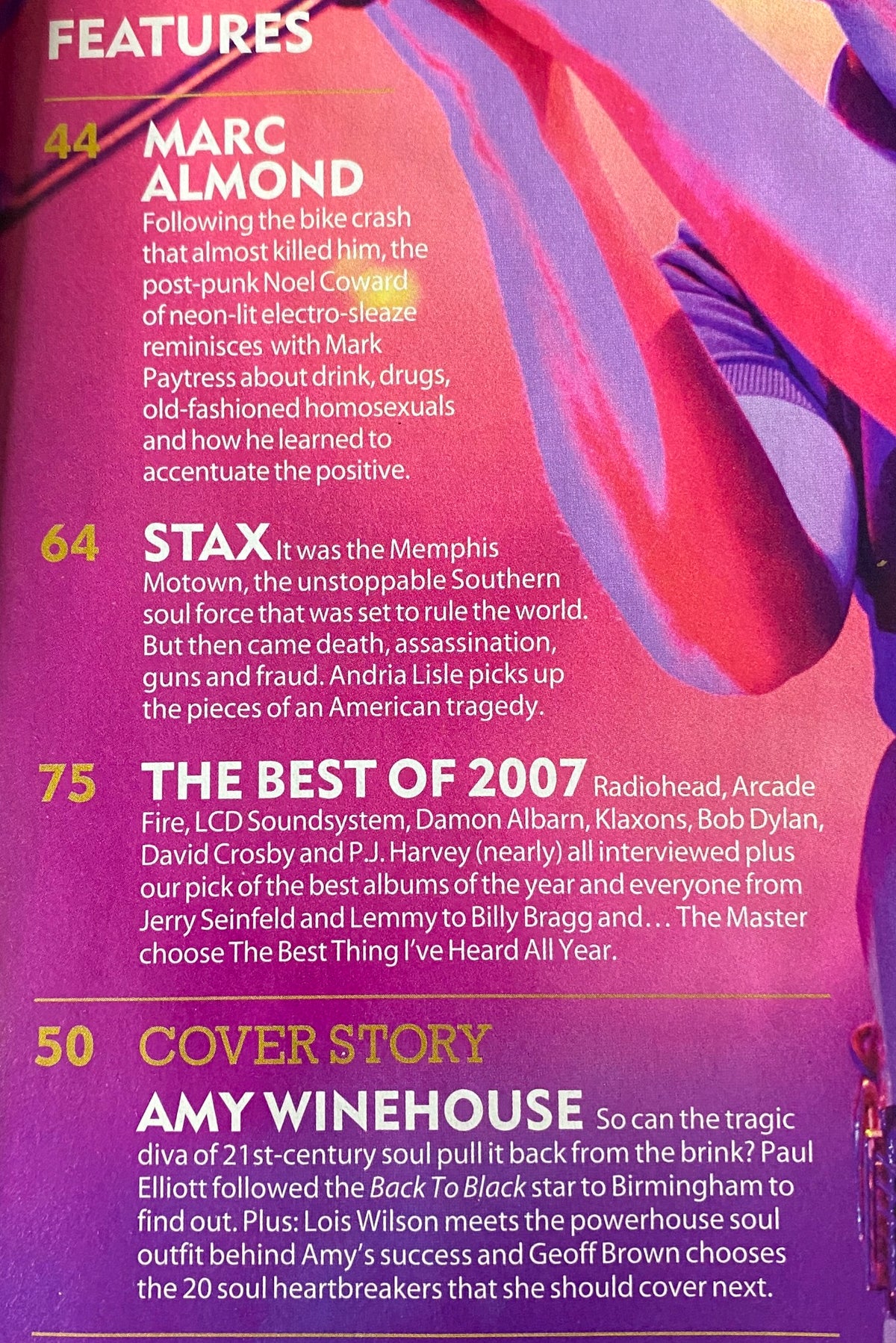 Another inside page from Mojo Music Magazine January 2008, featuring highlights on Marc Almond, Stax Records, and an overview of the best music from 2007, including Amy Winehouse's cover story.