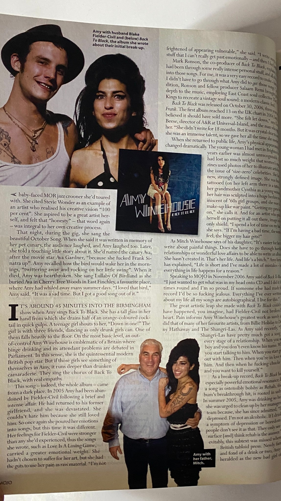 Profile of Amy Winehouse with personal anecdotes and insights from her husband Blake Fielder-Civil in Mojo Music Magazine January 2008.