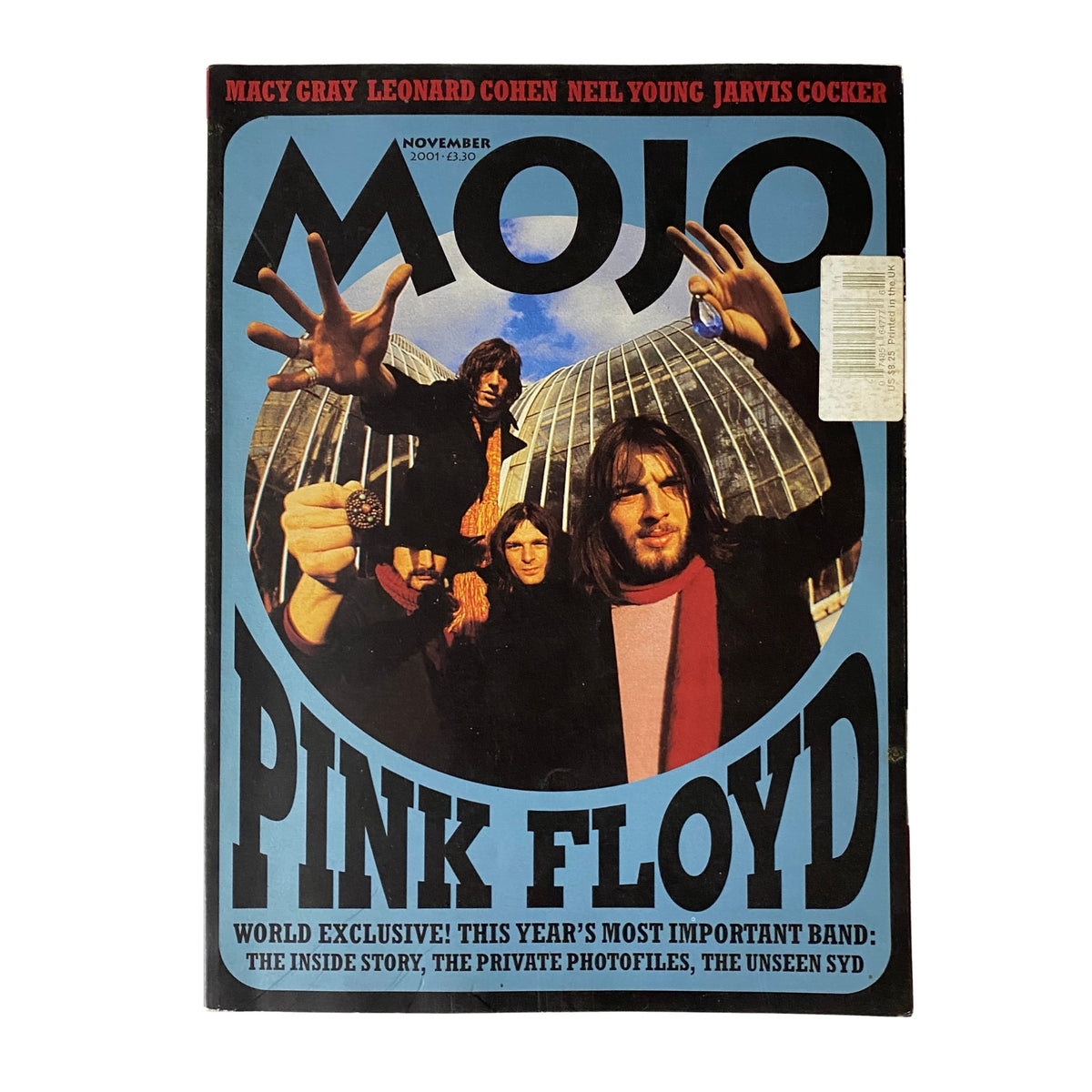 Mojo Music Magazine November 2001 featuring Pink Floyd on the cover, showcasing an article about the band, along with features on Macy Gray, Leonard Cohen, Neil Young, and Jarvis Cocker. The magazine is designed in vibrant colors, indicating its collectible nature.