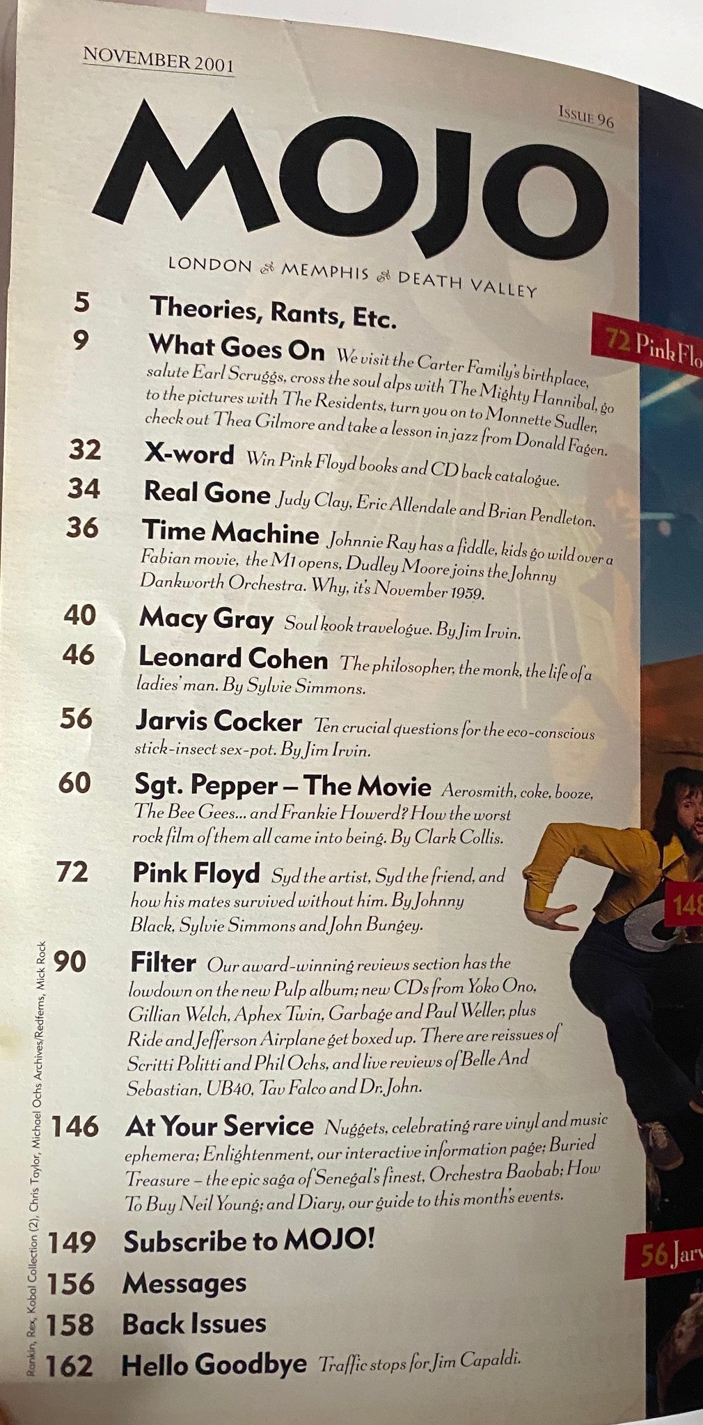 Mojo Music Magazine November 2001 table of contents featuring Pink Floyd cover story and articles.