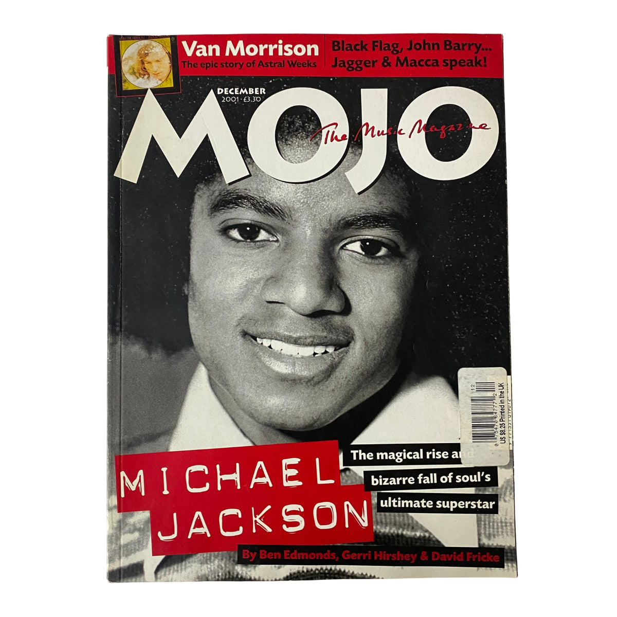 Mojo Music Magazine December 2001 featuring Michael Jackson on the cover. The magazine showcases articles on various artists and the music industry.