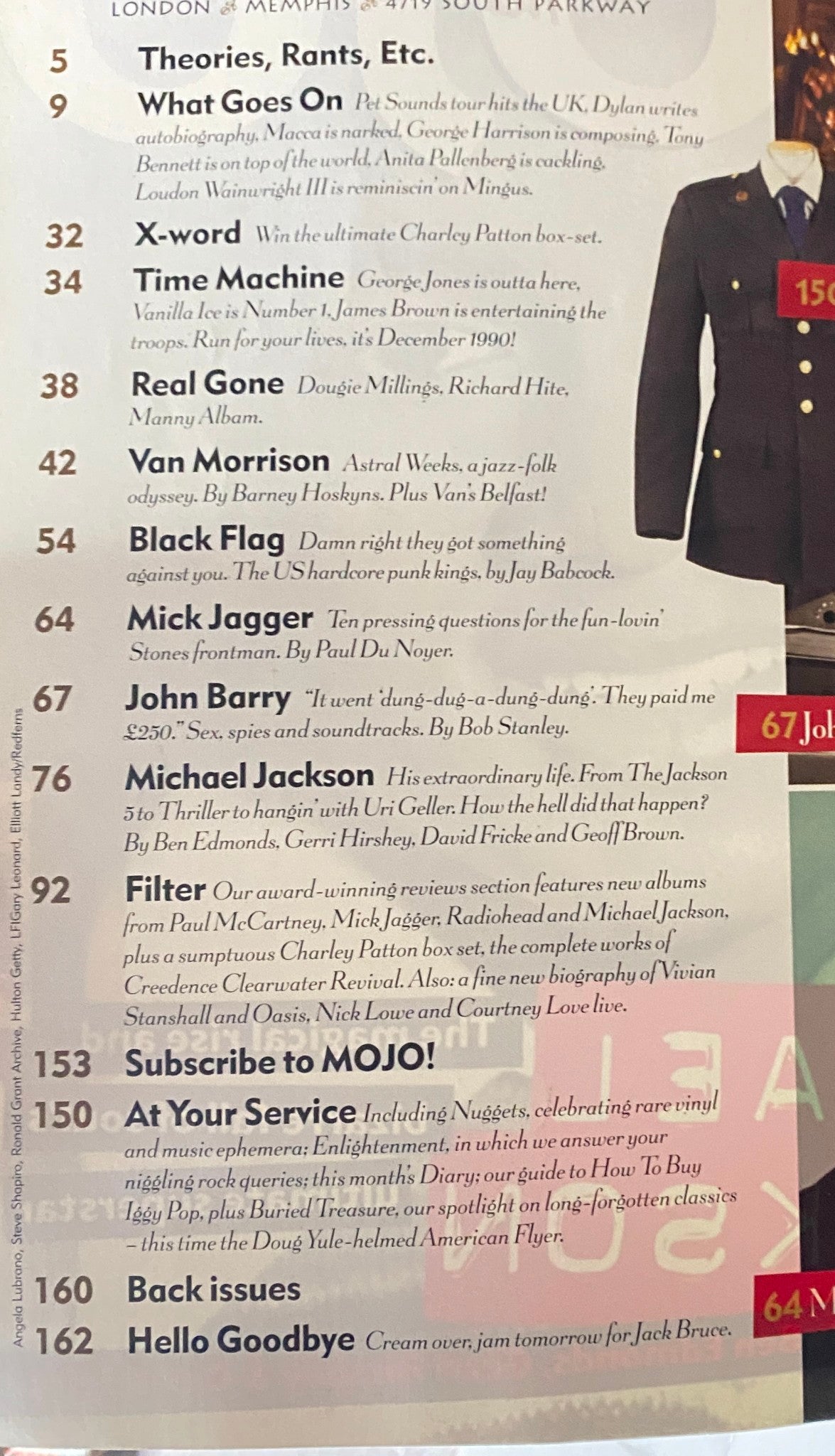 Table of contents from Mojo Music Magazine December 2001, highlighting features like Van Morrison, Black Flag, and Michael Jackson.