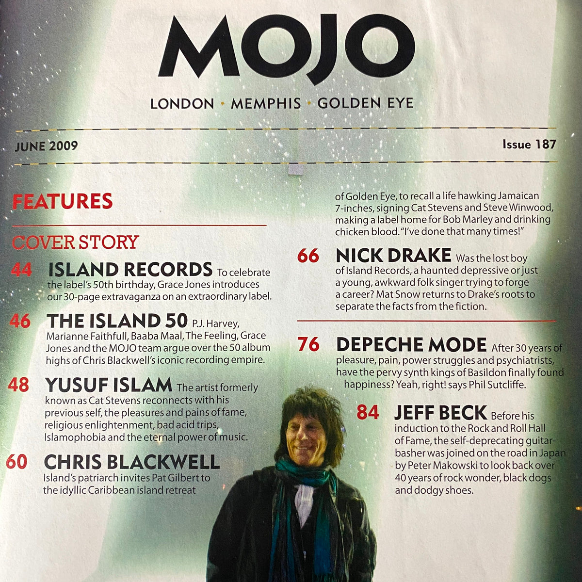 Mojo Music Magazine June 2009 cover page featuring Nick Drake as the cover story, celebrating Island Records' 50th anniversary with prominent credits.