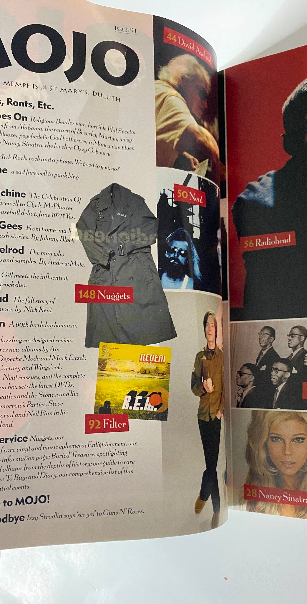 Interior page from Mojo Music Magazine June 2001, highlighting article sections including features on Radiohead and other artists.