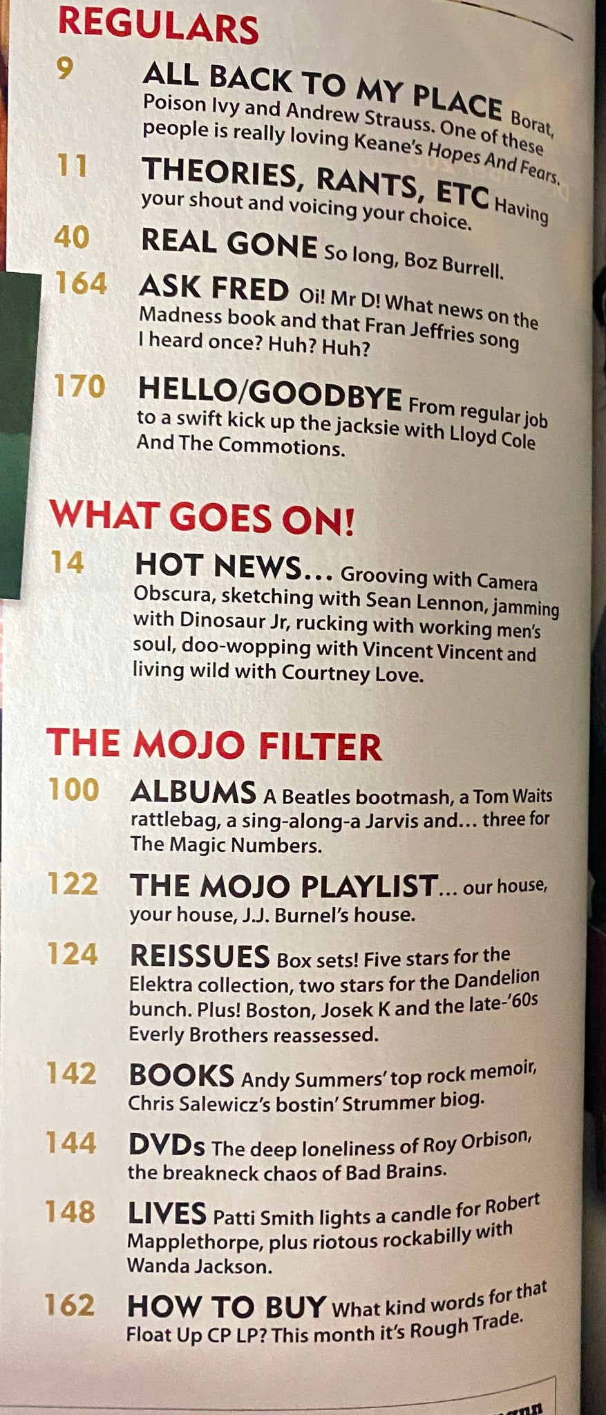 Regulars section from Mojo Music Magazine December 2006, listing various contributions including 'All Back To My Place' and 'Hello/Goodbye,' capturing the diverse content found within this issue.