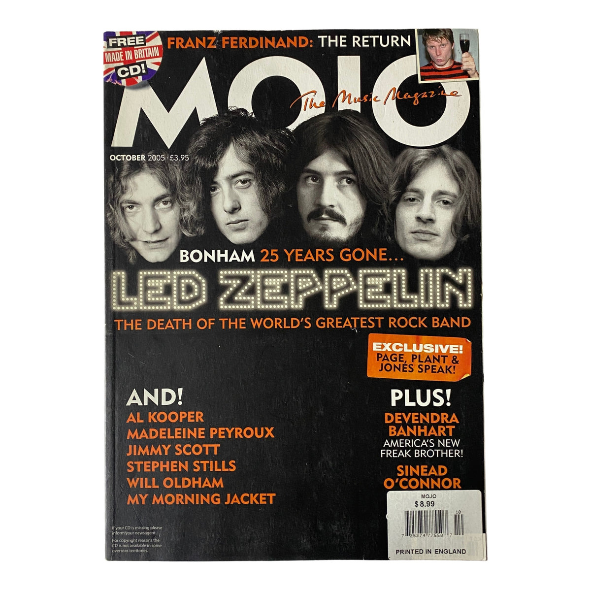 Mojo Music Magazine October 2005 cover featuring Led Zeppelin and tribute to John Bonham, highlighting featured articles including Sinead O’Connor and Devendra Banhart.