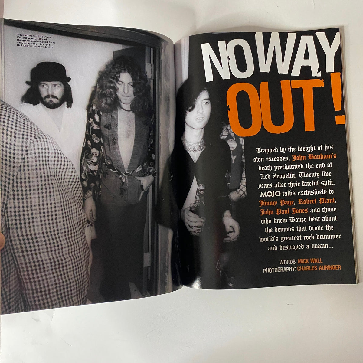 Spread from Mojo Music Magazine October 2005 titled 'No Way Out', featuring Led Zeppelin members Jimmy Page and Robert Plant, discussing the legacy of John Bonham.