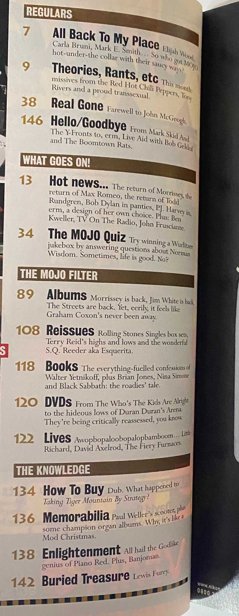 Table of contents for Mojo Music Magazine May 2004 including features on Nirvana, Fats Domino, and David Byrne.