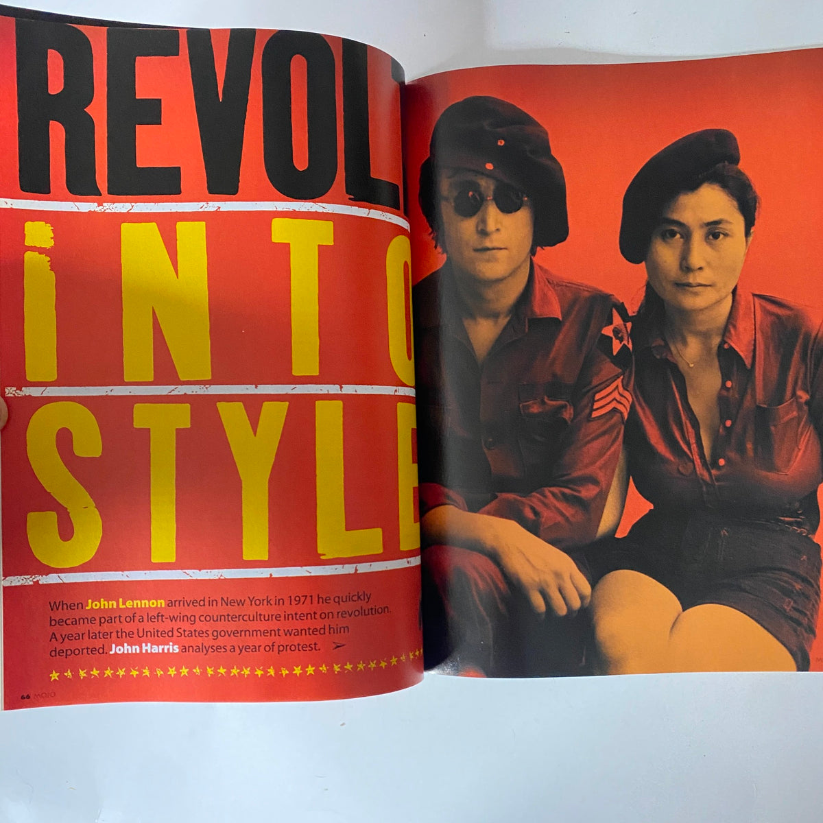 Spread from Mojo Music Magazine May 2004 showcasing John Lennon and Yoko Ono with the headline 'Revolution into Style'.