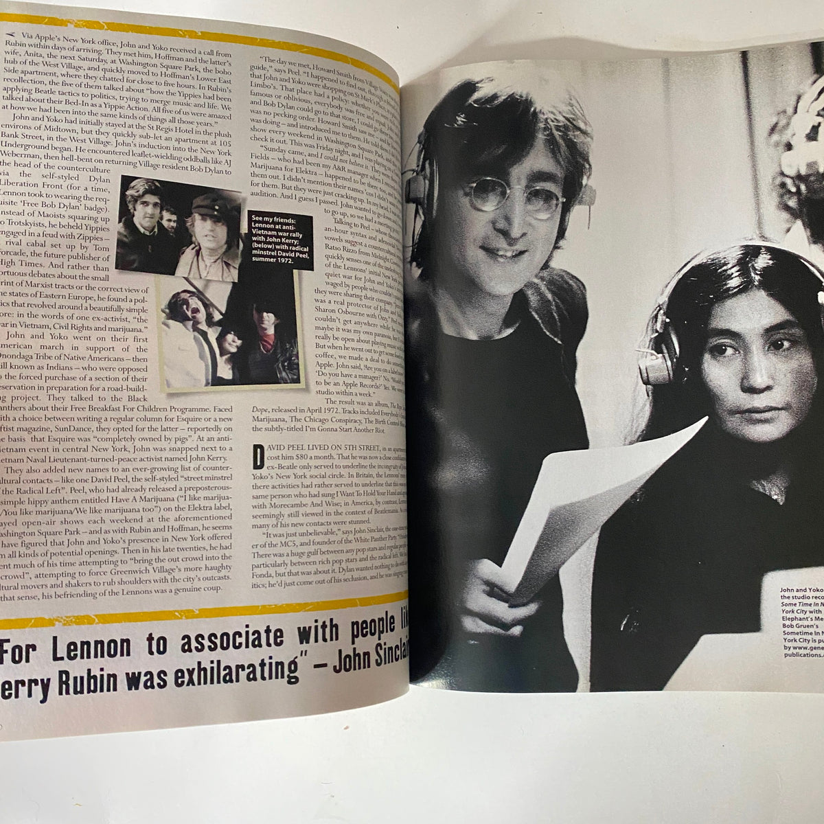 Inside spread from Mojo Music Magazine May 2004 featuring John Lennon reading and discussing music with Yoko Ono, accompanied by text on his revolutionary impact.