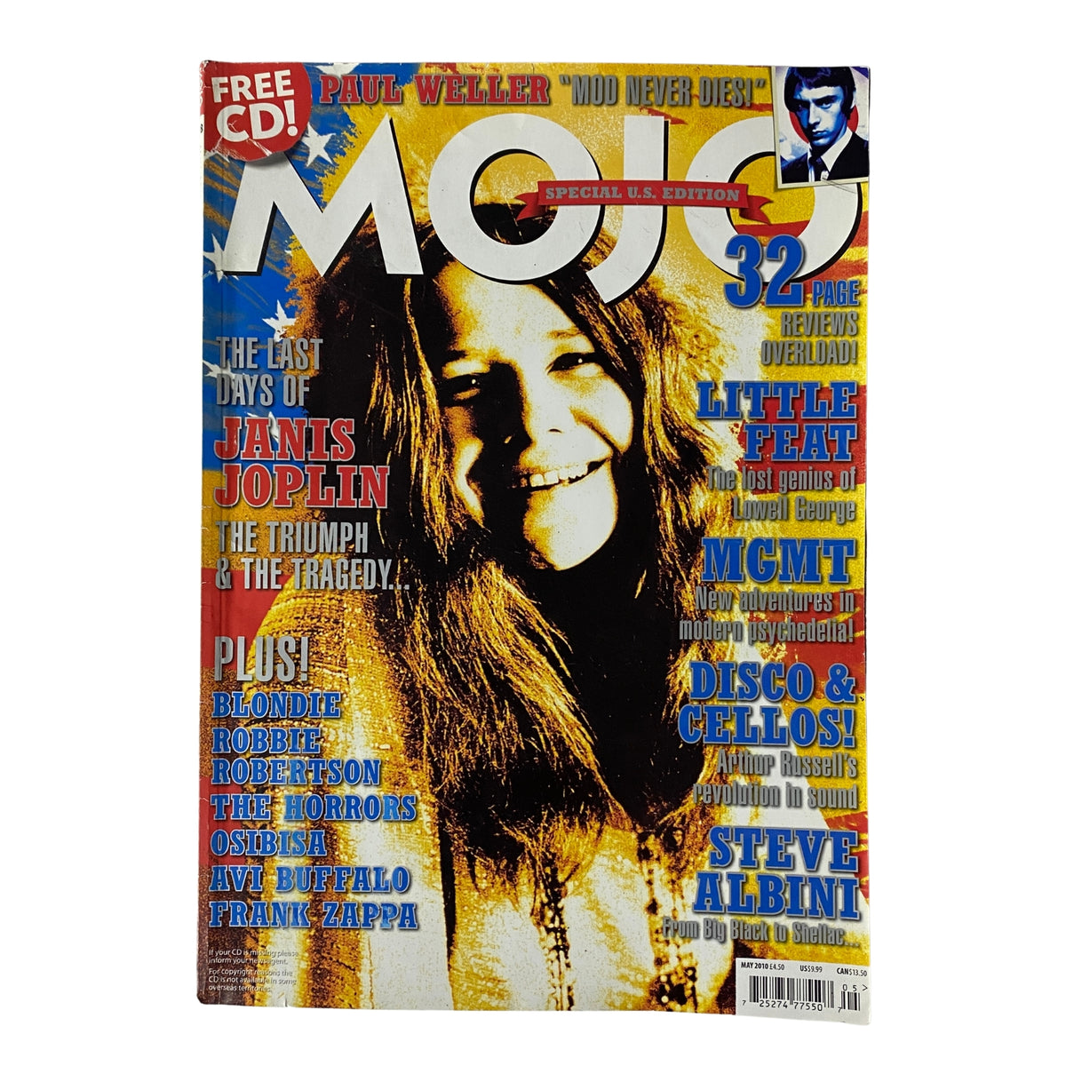 Mojo Music Magazine May 2010 featuring Janis Joplin on the cover, showcasing vibrant graphics and highlights from the music industry.
