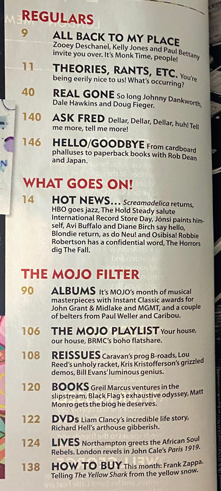 Contents overview page from Mojo Music Magazine May 2010, listing articles and features including regular sections and notable musicians.
